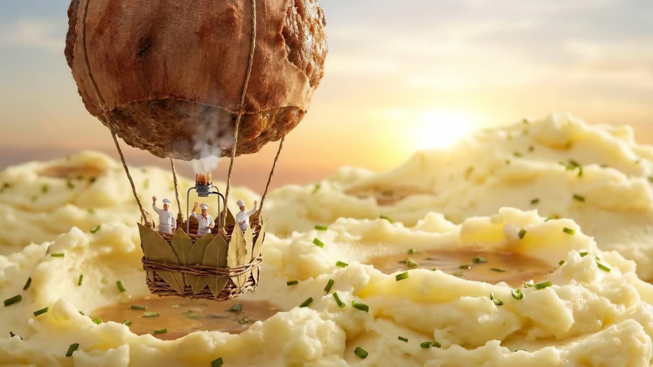 Balão de ar quente de almôndega sobre purê de batatas