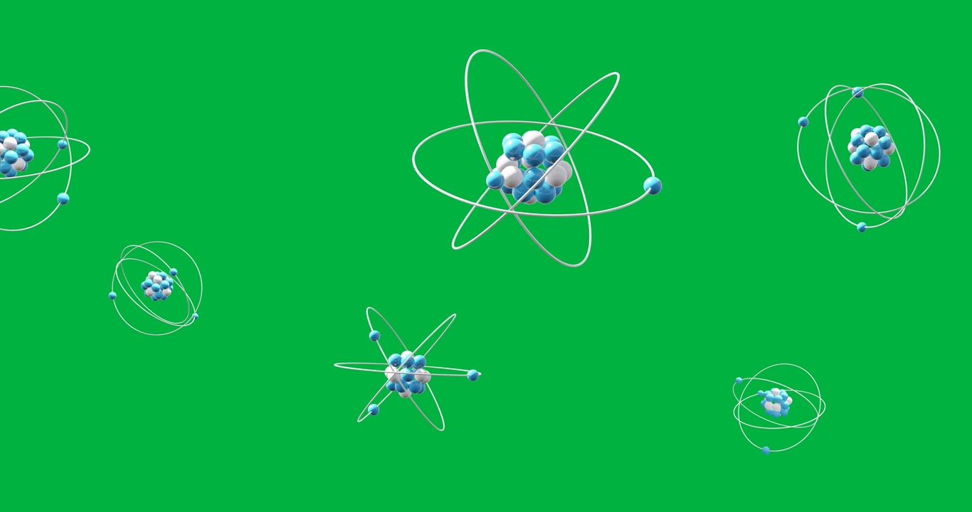 Animation of spinning atom icons over transparent background