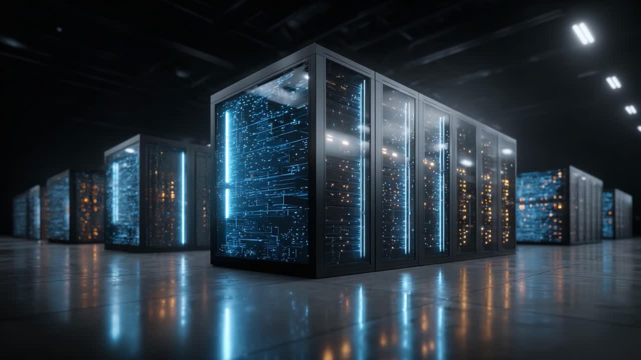 A Glimpse into the Future of Data Storage: High-Tech Server Racks Illuminated by Soft Blue and Warm Light in an Advanced Server Room Environment