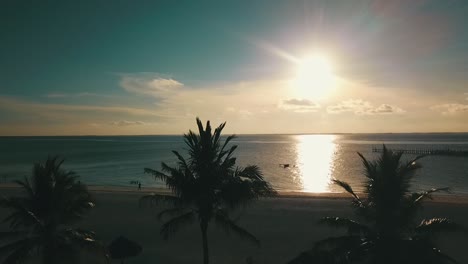 Ruhiger-Vorwärts-Langsam-Aufsteigend-Drohnenschuss-über-Palmen-Zum-Sonnenuntergang-An-Einem-Traumstrand