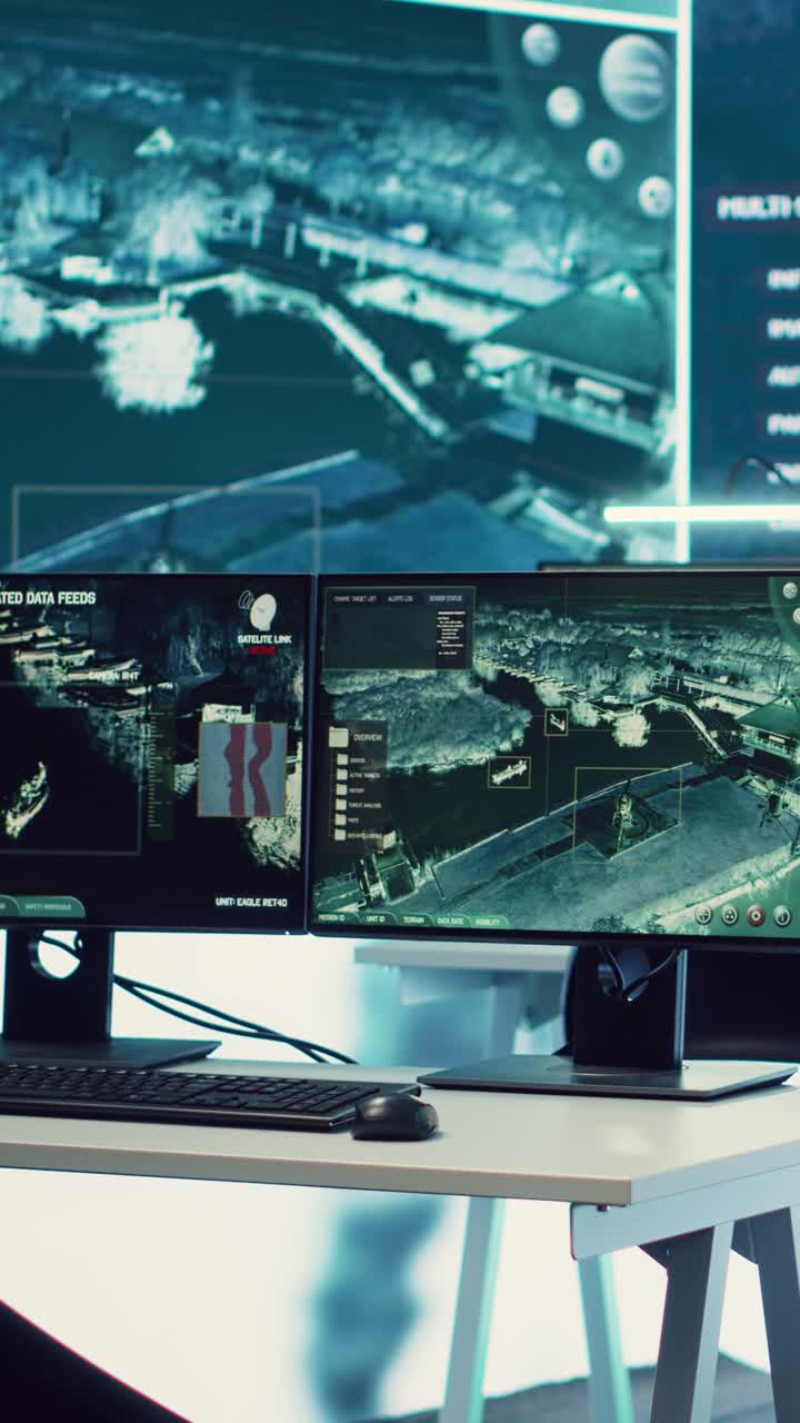 Monitor di computer che mostrano dati di sorveglianza satellitare e mappe
