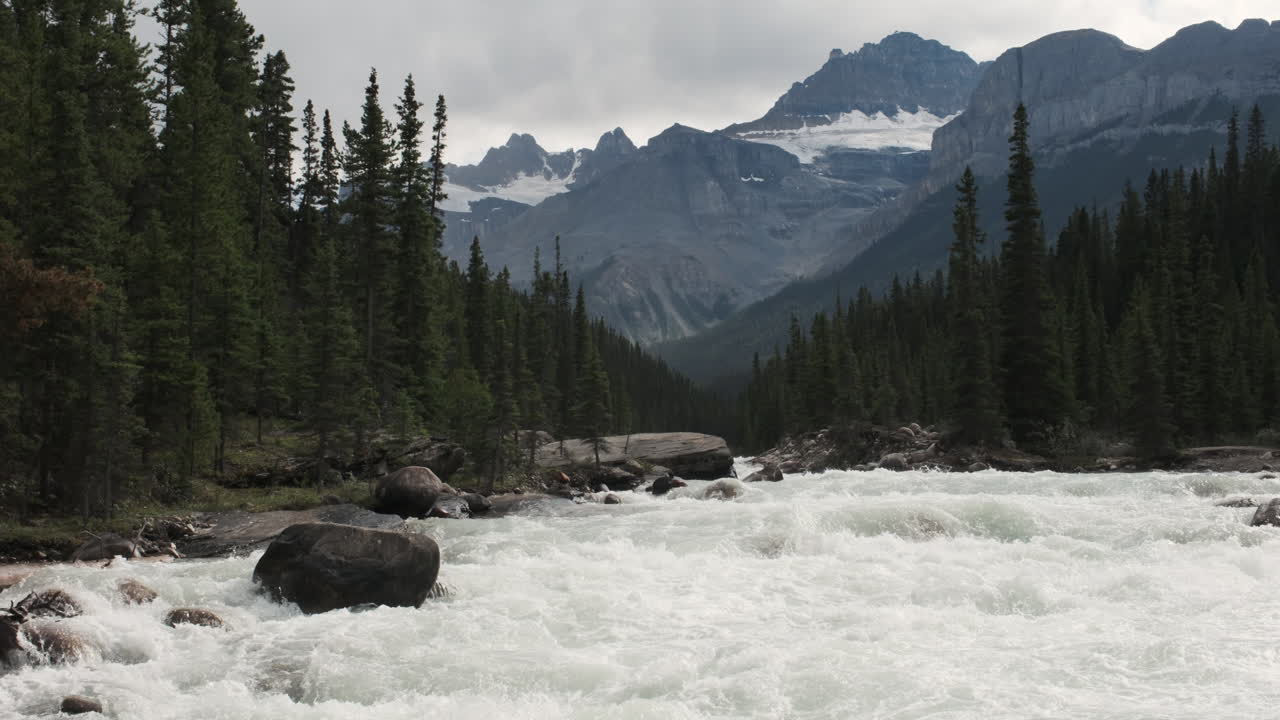 A rushing whitewater river surges through a dense forest valley, framed by towering, snow-capped mountain peaks