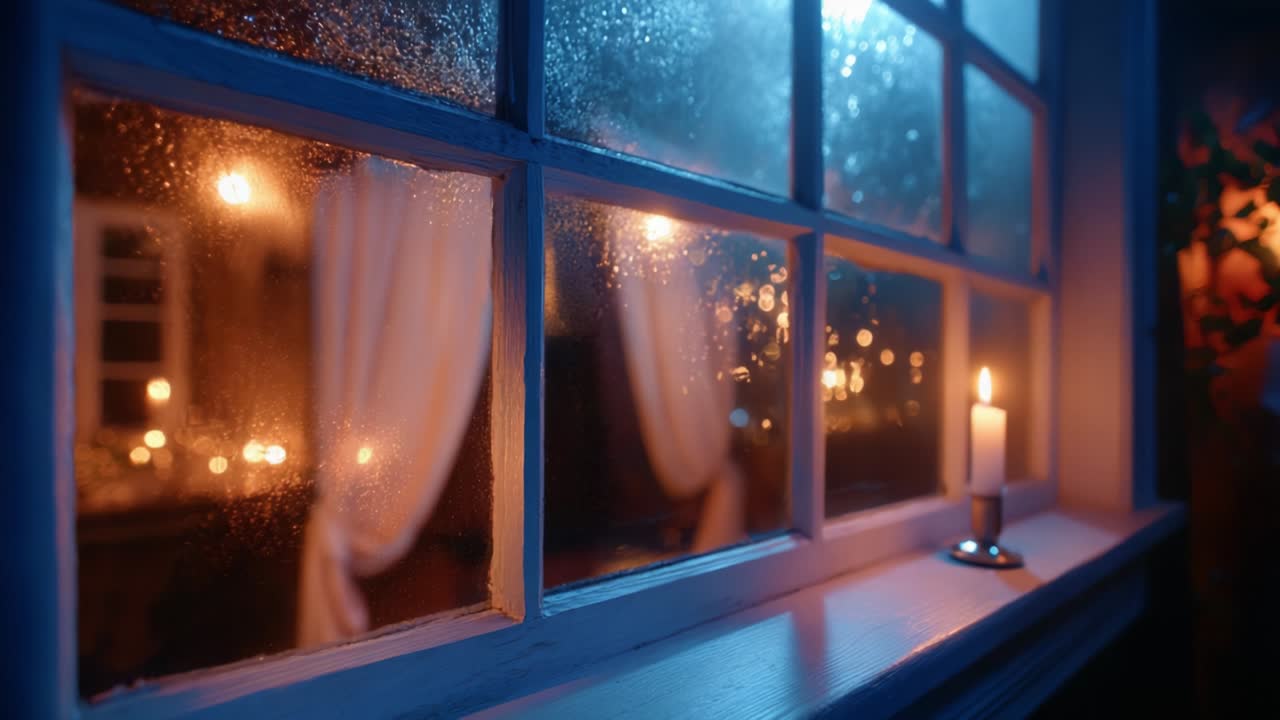 A Serene Evening View Through a Rain-Drenched Window, Capturing the Gentle Glow of Candles and The Soft Light from Inside, Surrounded by a Cozy Atmosphere and Enchanting Glow of Ambient Lights