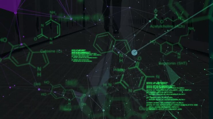 Animation of data processing and chemical formulas in green and black space