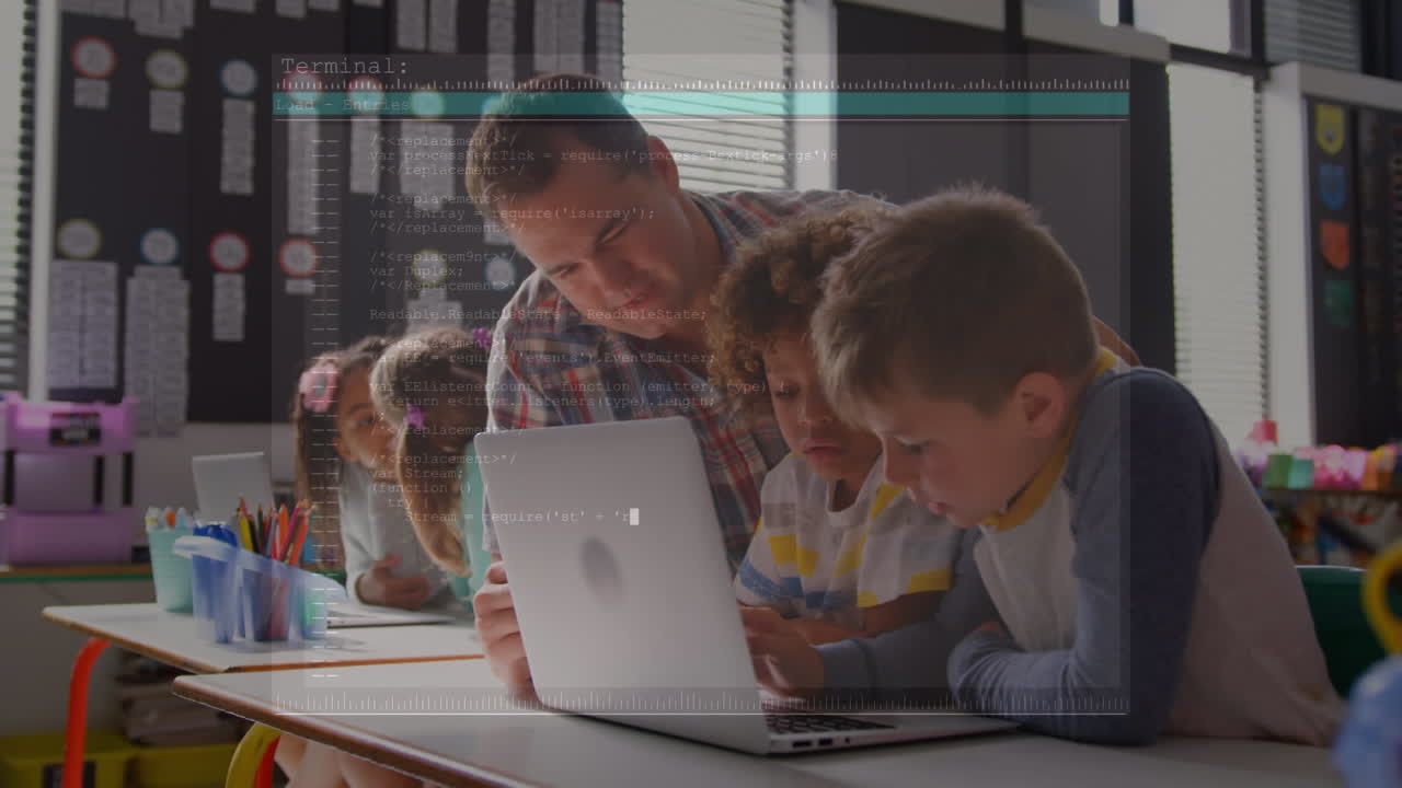 animación de codificación binaria sobre niños de escuela usando computadoras portátiles y estudiando