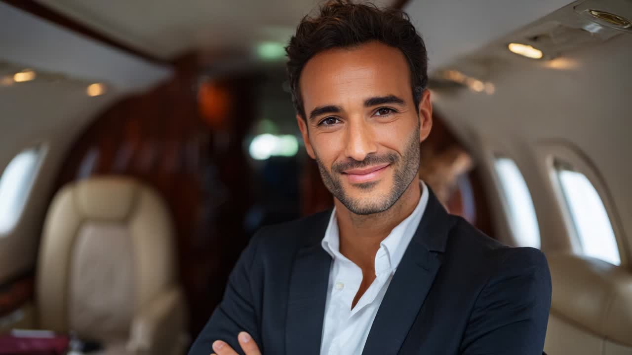 A Confident Businessman Exudes Charm and Professionalism Inside a Luxurious Private Jet Cabin, Capturing the Essence of Travel, Success, and Modern Luxury in Two Distinct Frames