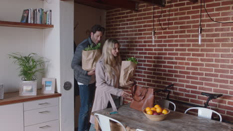 pareja feliz llegando a casa después de las compras de comestibles para un estilo de vida saludable abrazándose disfrutando de la relación