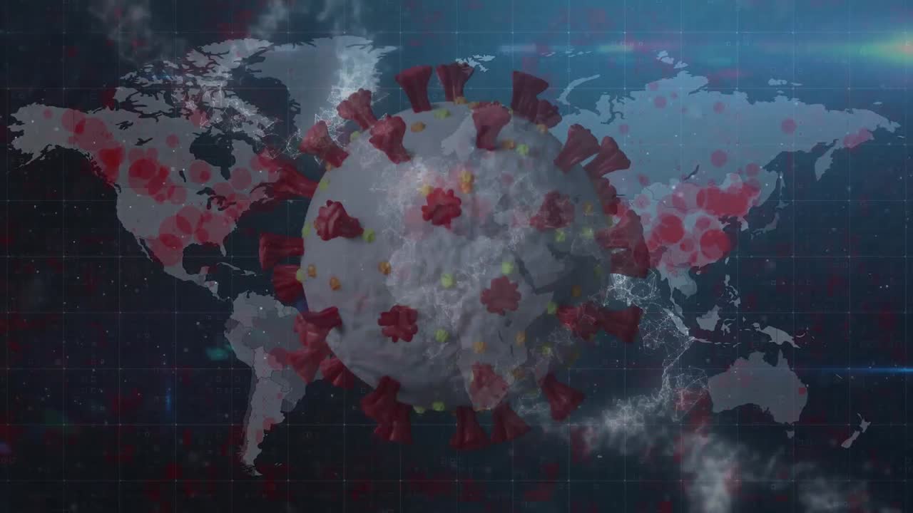 animação de uma célula macro coronavirus covid-19 sobre um mapa do mundo com zonas marcadas em vermelho