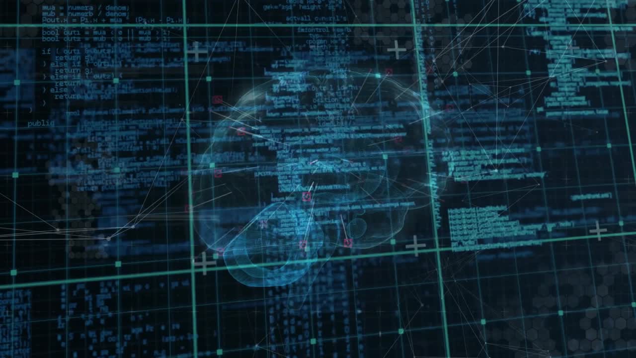 Brain outline emerging on grid, rotating into 3D hologram mapping code and nodes for neural network