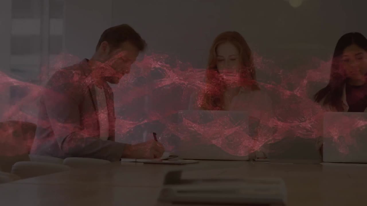 animación de la ola roja sobre la gente de negocios en la oficina