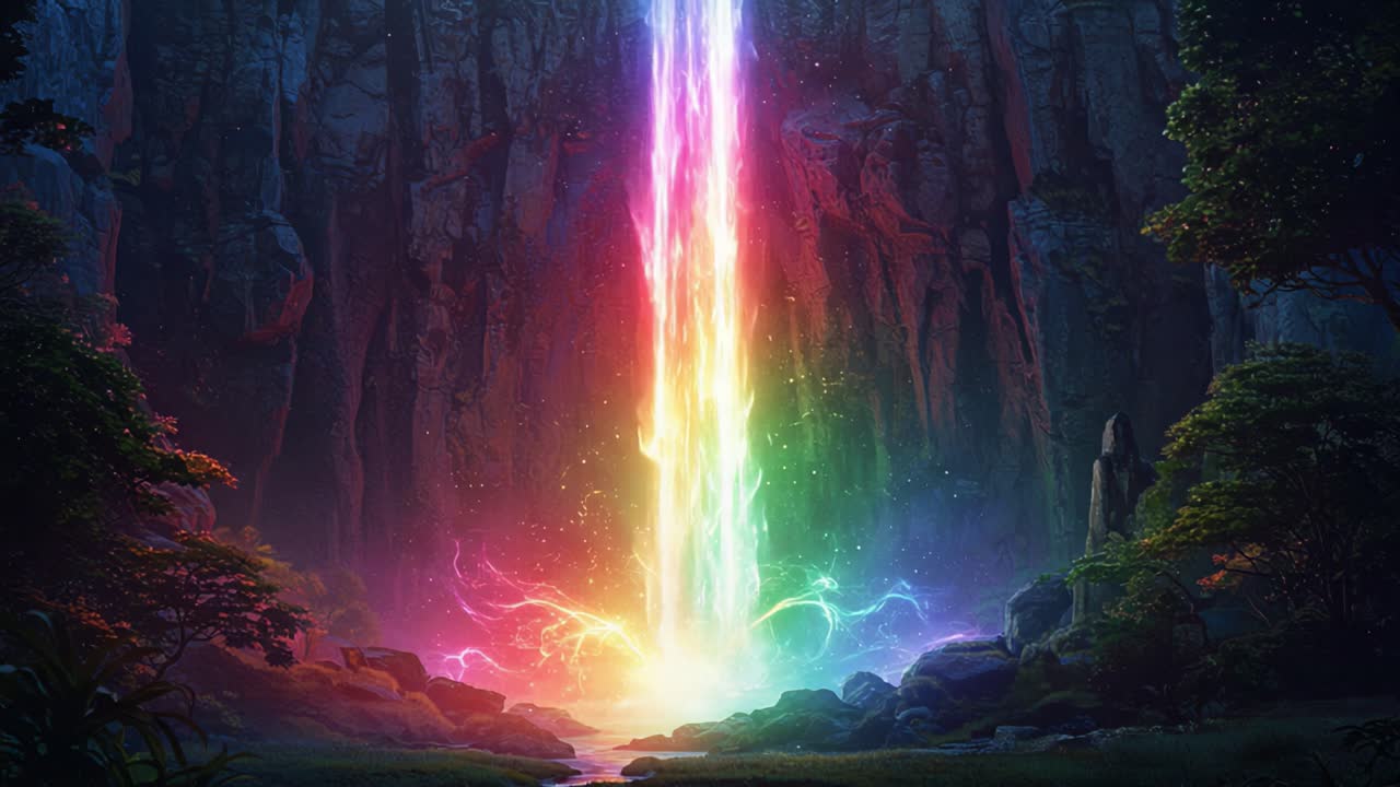 A mesmerizing waterfall radiates vibrant colors, cascading down a rocky cliff while surrounded by lush greenery, creating a magical and captivating scene in nature's embrace