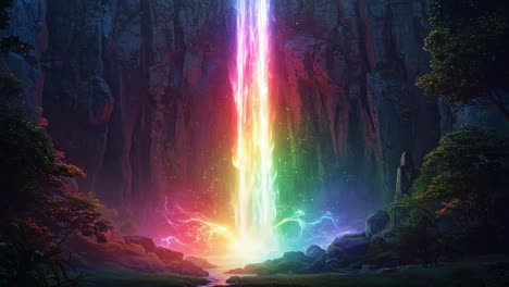 A mesmerizing waterfall radiates vibrant colors, cascading down a rocky cliff while surrounded by lush greenery, creating a magical and captivating scene in nature&#039;s embrace