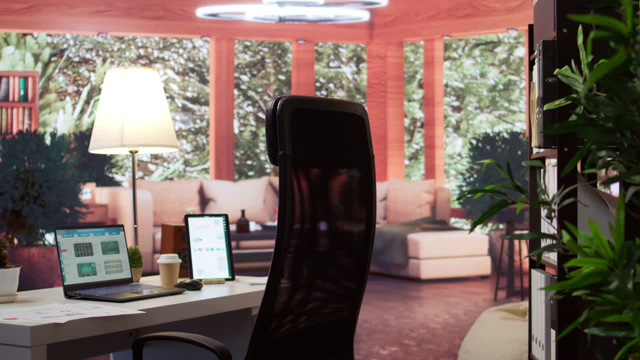 노트북에서 문서와 재무 보고서를 보여주는 빈 홈 오피스 설정