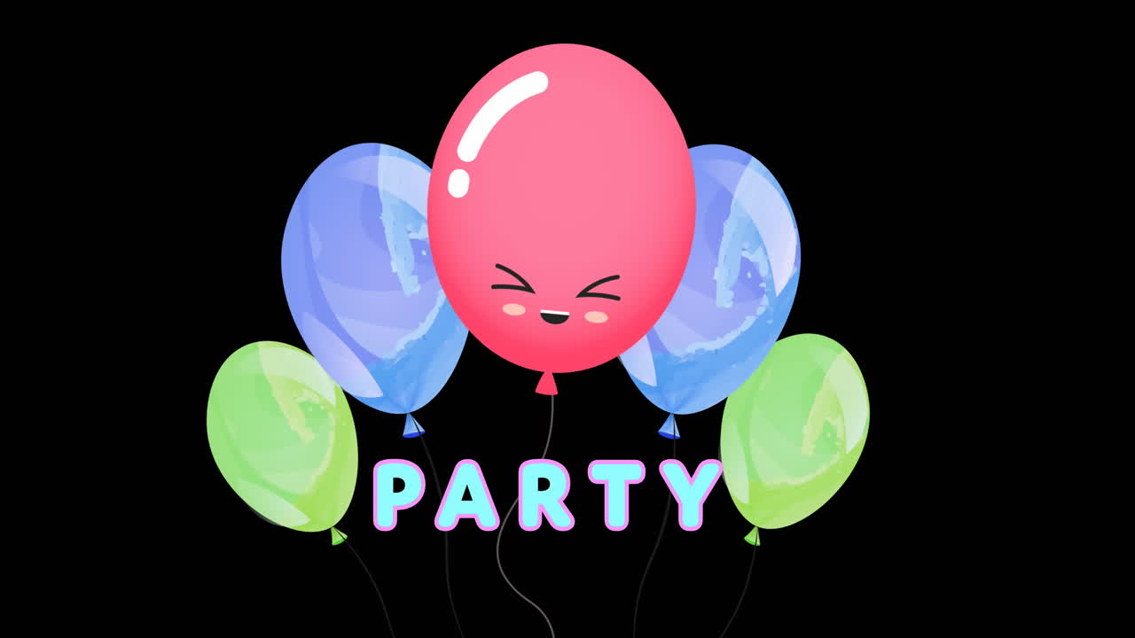 검은색 배경에 있는 다채로운 풍선 위에 있는 파티 텍스트의 애니메이션