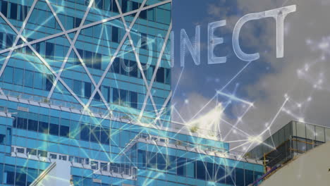 connect text animation over modern glass building with network connections
