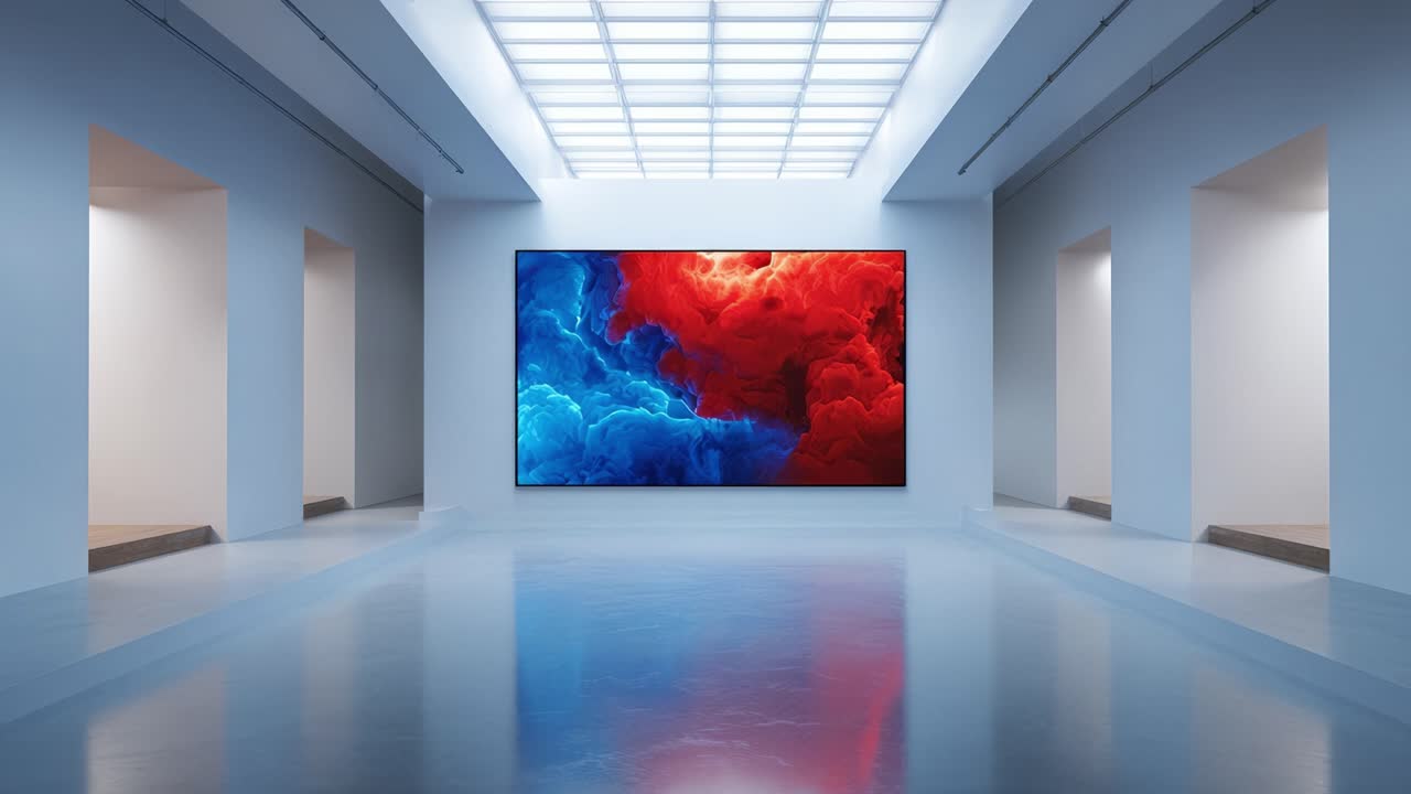 Un sorprendente contrasto visivo di nuvole astratte blu e rosse vibranti, esposto su un grande schermo in un contesto di galleria moderna, che invita a profonda contemplazione e apprezzamento.