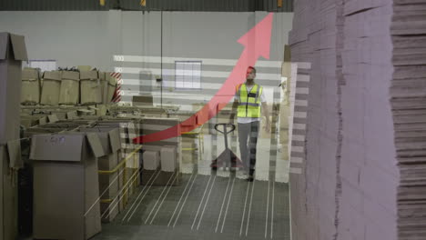 rising graph animation over worker moving pallet jack in warehouse