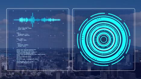 Animation-of-data-processing-with-scope-scanning-over-cityscape