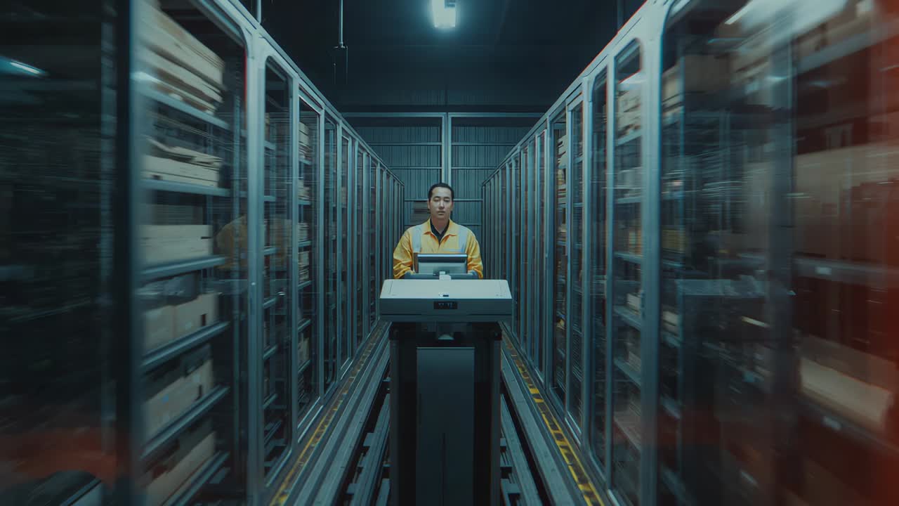 Reacting to AGV halt, warehouse operator operating console in aisle, guiding vehicle along tracks