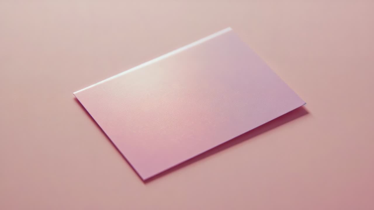 Rotating glossy pink card while camera moving on pastel pink surface, revealing top-edge highlight