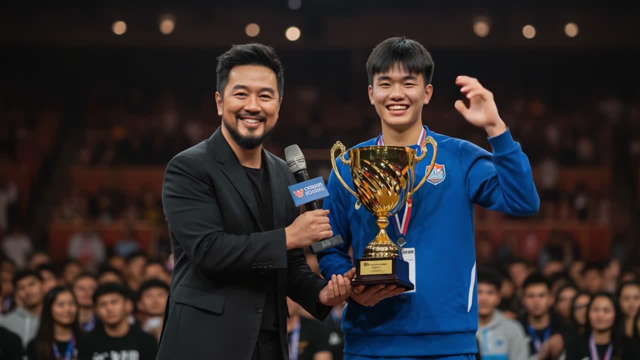 Exciting Moment of Triumph: Winner Celebrates Victory with Trophy Amidst Enthusiastic Crowd in Award Ceremony Event