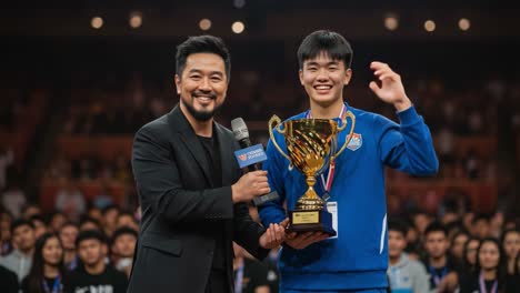 exciting moment of triumph: winner celebrates victory with trophy amidst enthusiastic crowd in award ceremony event