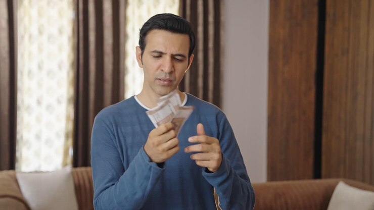 hombre indio triste contando dinero