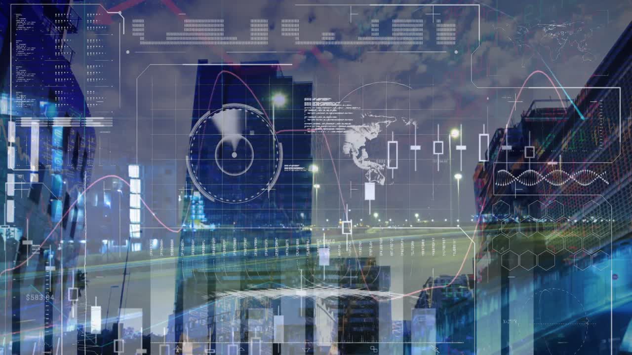 Animation of digital data processing over night cityscape