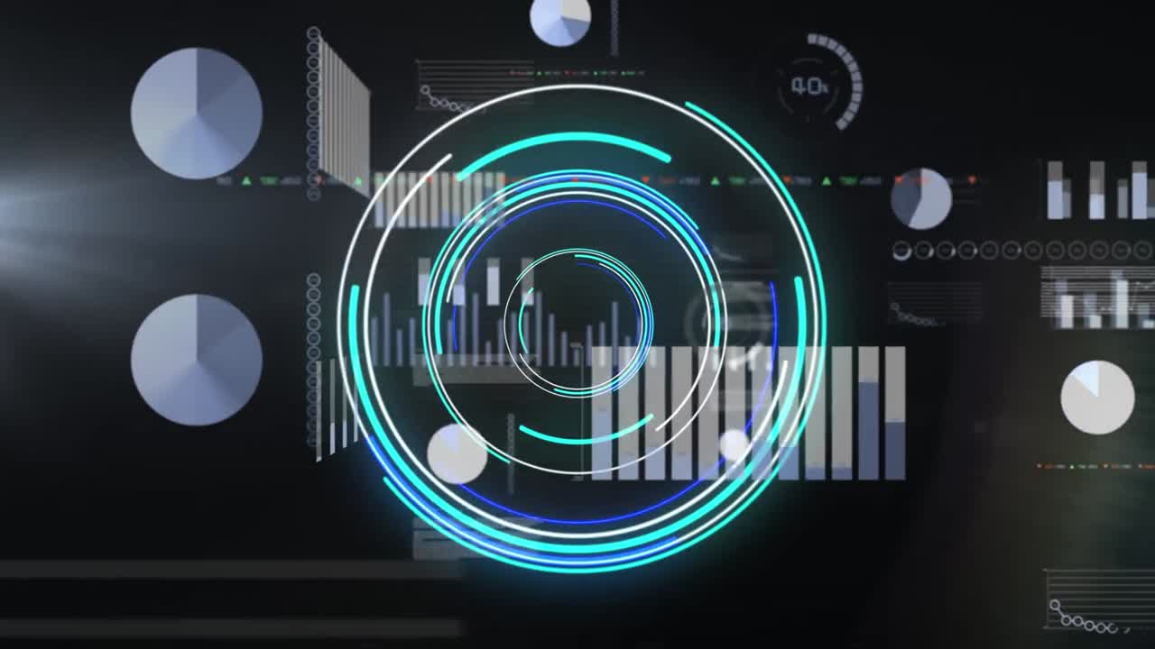 Animation of loading circles with multiple graphs and trading board against black background