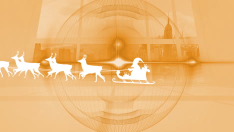 animation of santa claus in sleigh with reindeer passing over cityscape