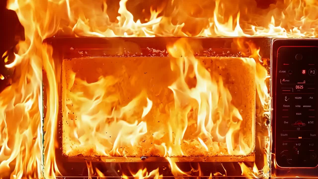 마이크로파 오븐이 불타고 불꽃이 어나오고 있다