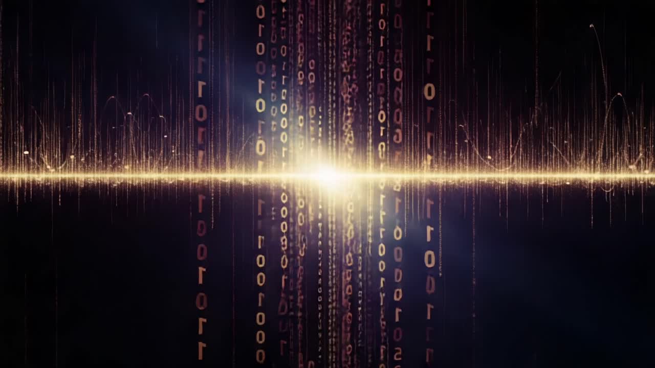 Digital Data Waves: Abstract Visual Representation of Binary Code and Sound Frequency Interactions Seamlessly Merging in a Dynamic Composition