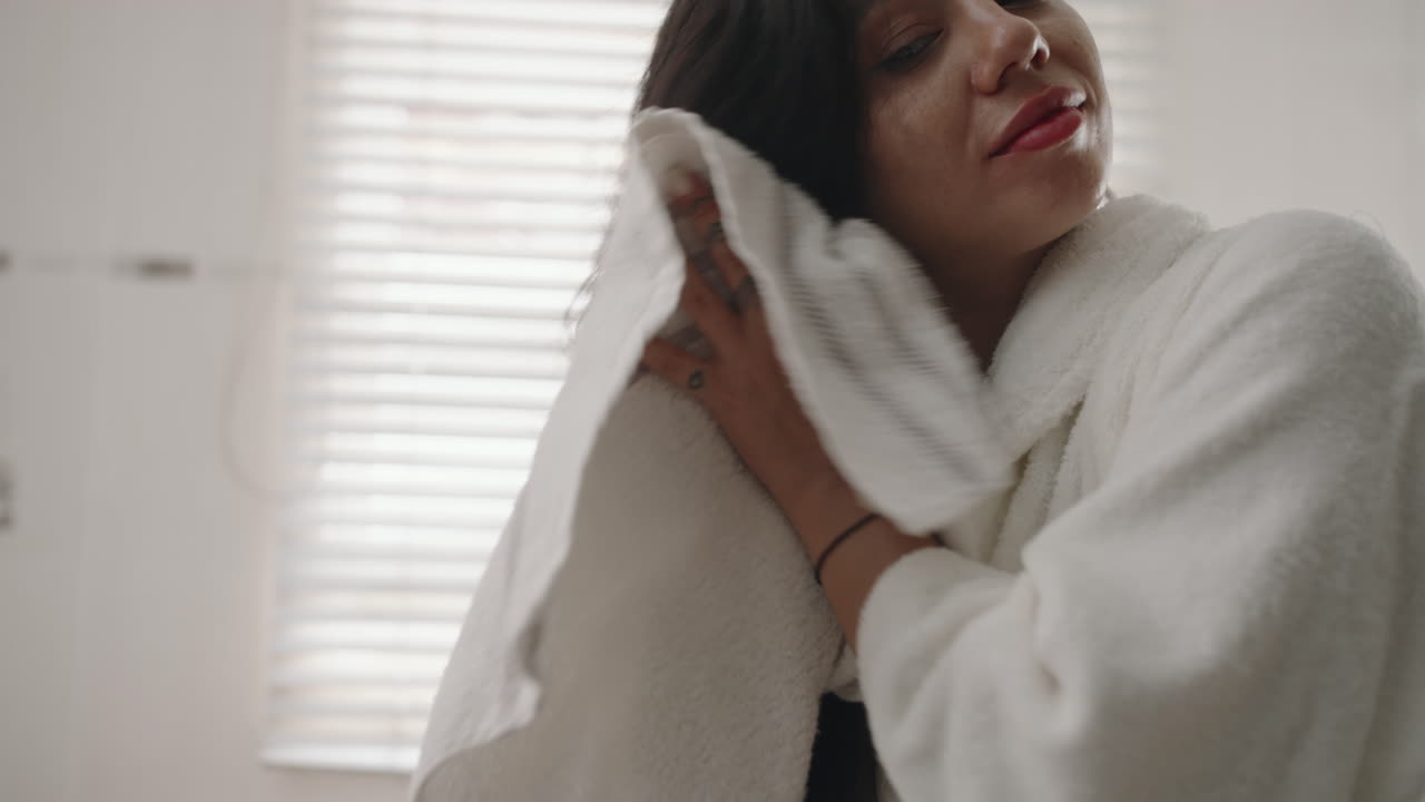 Caucasian Girl Drying Hair with Towel