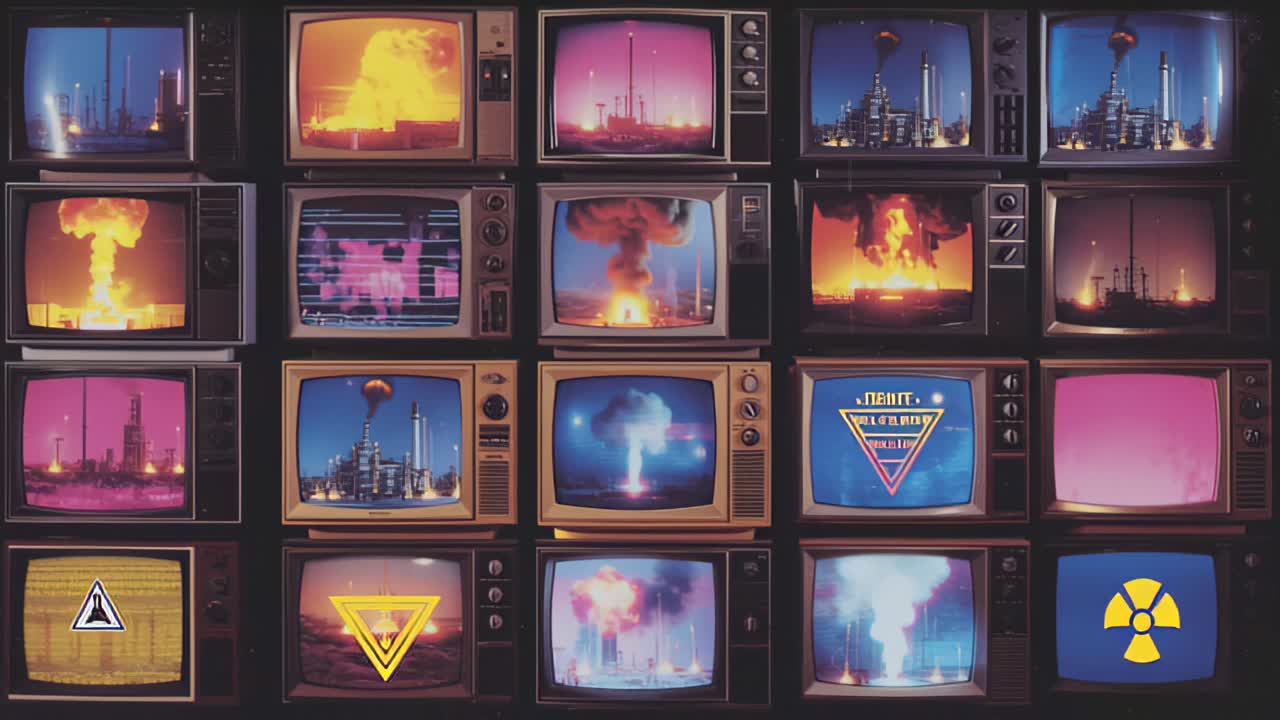 Retro TV screens display nuclear mushroom clouds, refinery smoke stacks, warning symbols and static, creating a dystopian media collage about crisis and risk