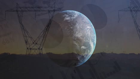 animación del globo y procesamiento de datos financieros a través de pilares eléctricos.