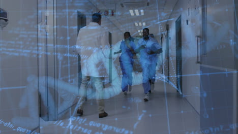 animation of data processing and dna strand over diverse surgeons running in hospital