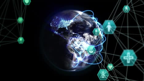 animation of network of connections with icons over globe