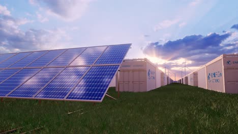battery storage power station accompanied by solar and wind turbine power plants. new energy concept