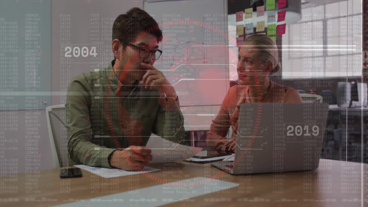 Discussing data analysis, colleagues with animation of numbers and graphs in office