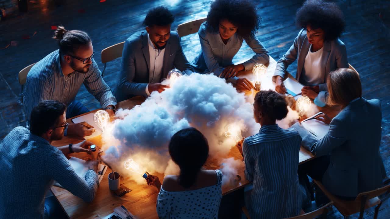 A Collaborative Brainstorming Session Under Creative Lighting, Featuring Diverse Individuals Engaging in Innovative Ideas Around an Impressive Cloud of Concepts in a Warm Atmosphere