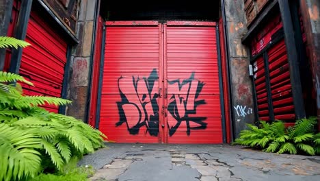 a red garage door with graffiti on the side of it