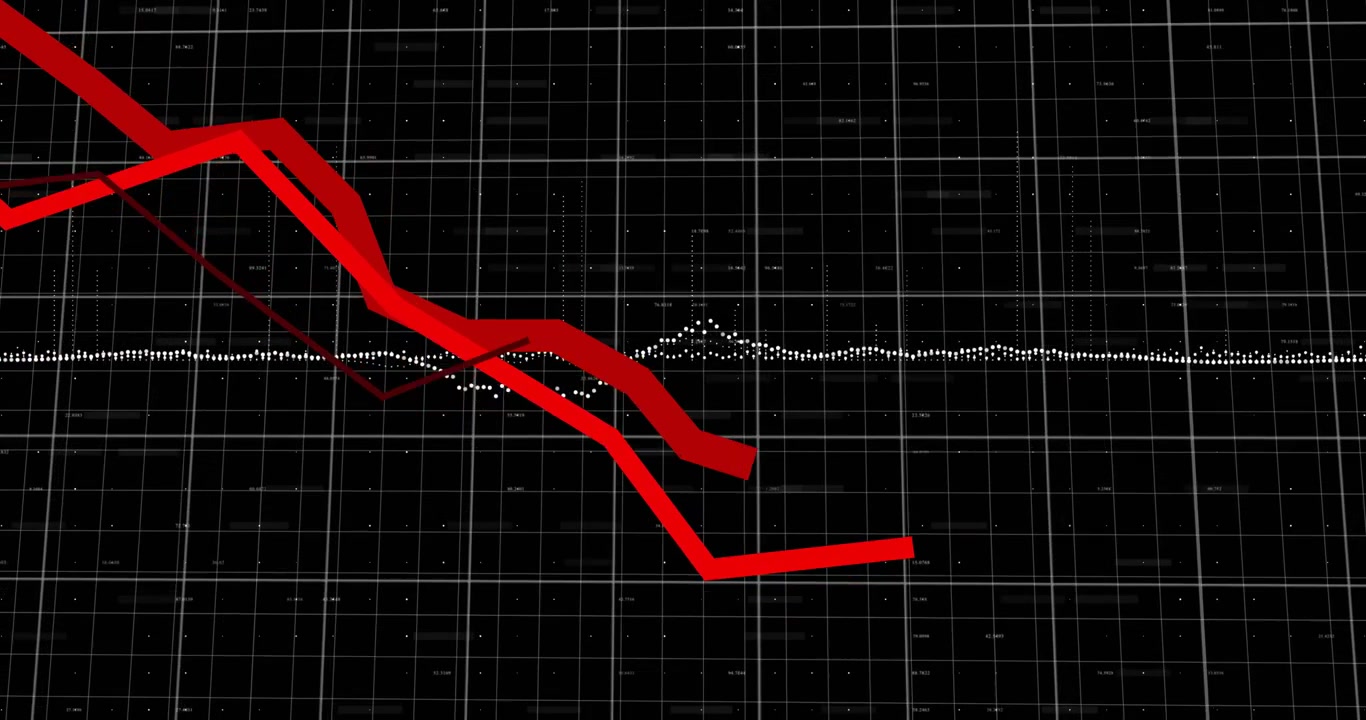Red ribbon appearing top-left, moving diagonally over grid, crossing dotted baseline, showing data