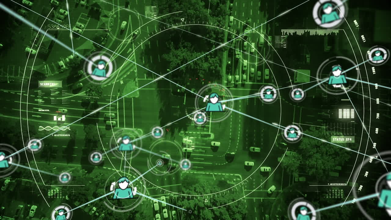 animación de la red de conexiones con iconos sobre el paisaje urbano