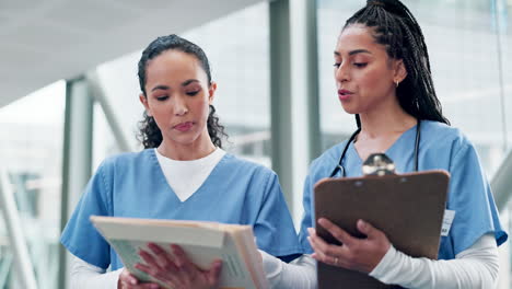 talking, women and doctors with paperwork