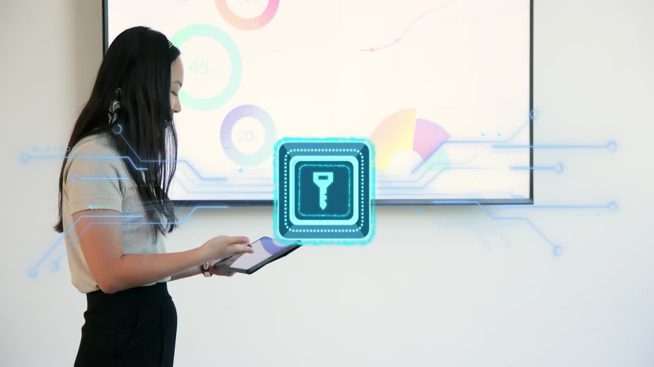 Woman rising after talk walking to screen using tablet managing blue overlay showing business data