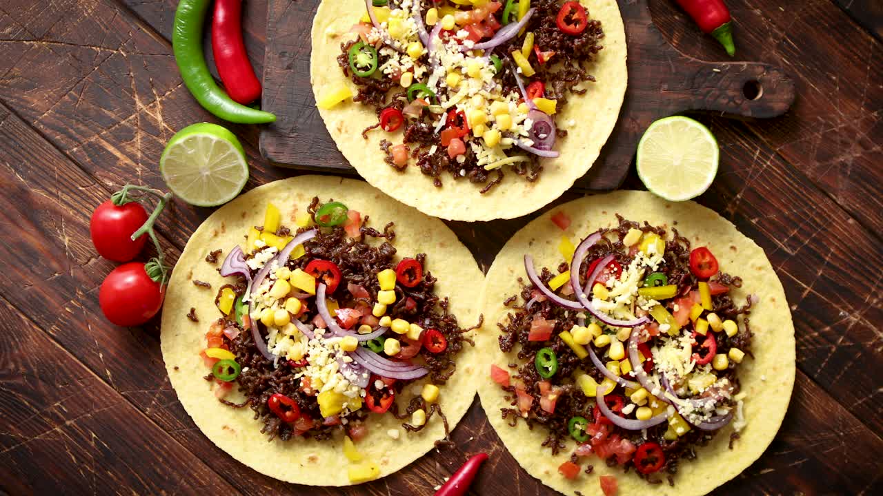 tortillas de maíz saludables con carne de res a la parrilla pimientos picantes frescos queso tomates
