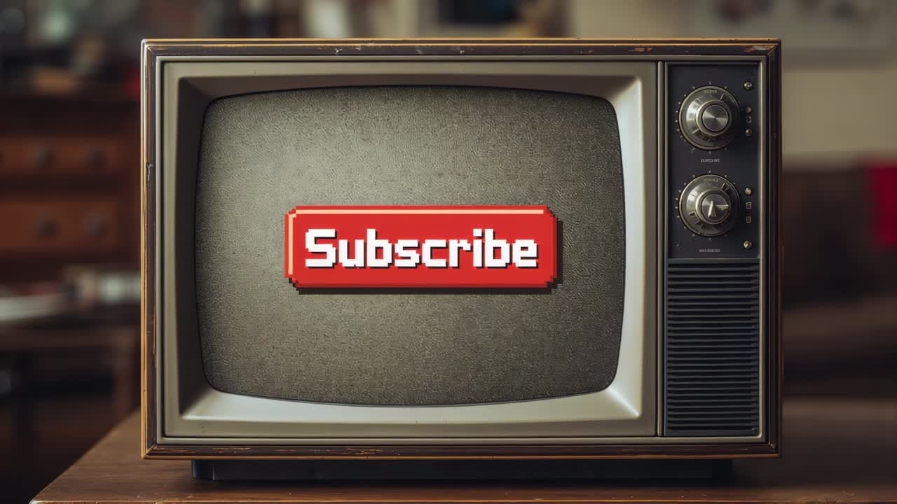 Displaying vintage CRT television showing pixel-art Subscribe button in living-room, losing signal