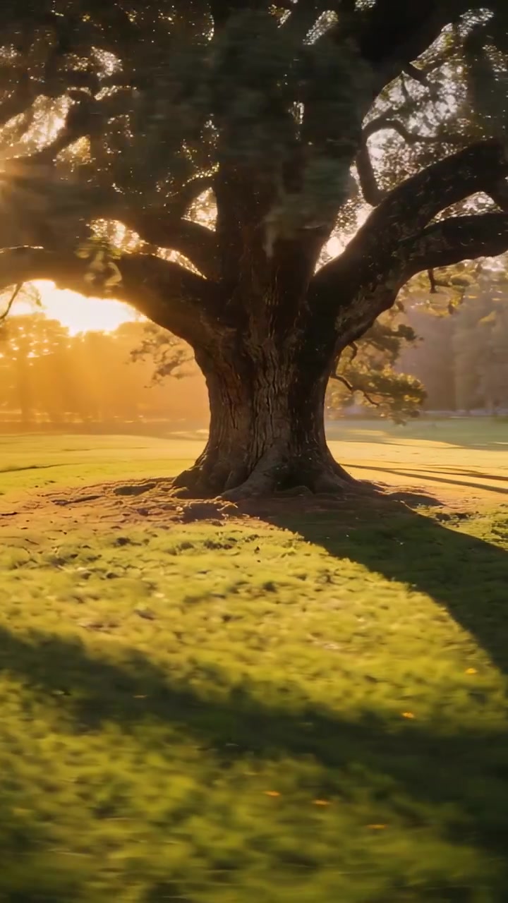 Video verticale: Telecamera che panoramica attorno a un albero nel prato, mostrando raggi di sole, ombra e un bambino seduto con una maglietta chiara.
