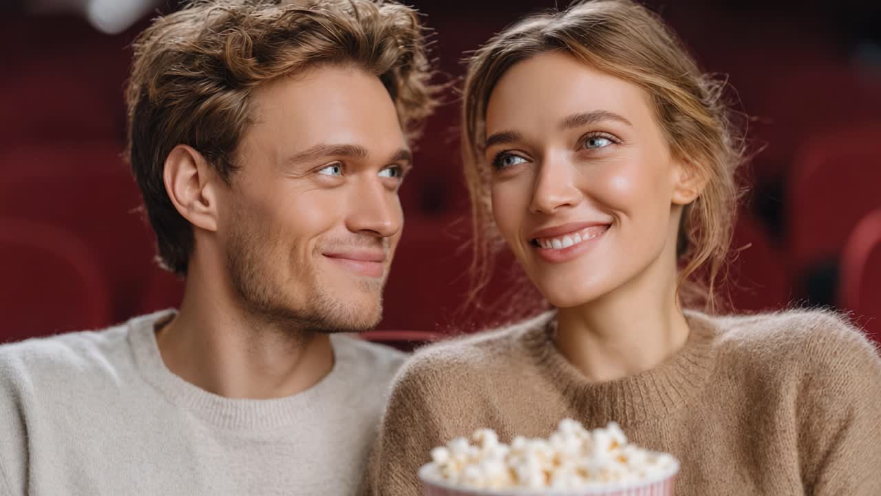 A Charming Couple Enjoys a Movie Date, Sharing Laughs and Popcorn in a Cozy Cinema Environment, Capturing Their Joyful Experience Together