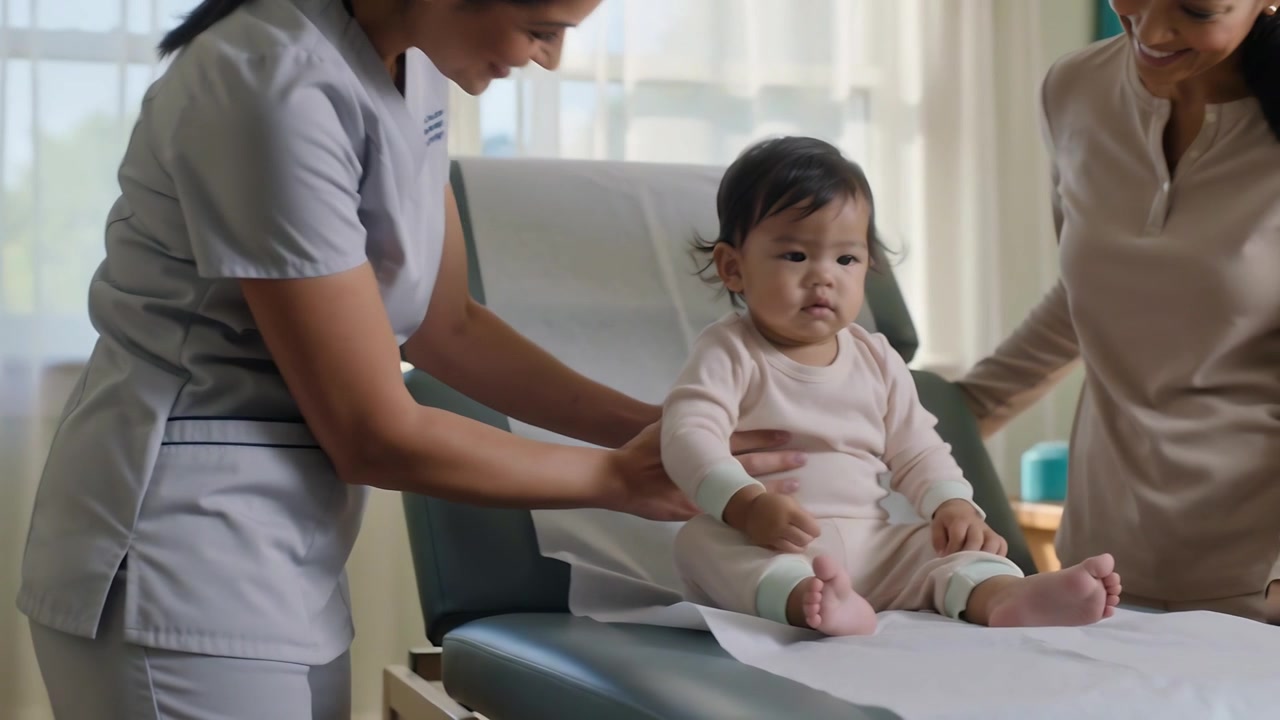 Leaning scrub nurse placing pink infant on paper exam table in clinic adjusting posture for exam